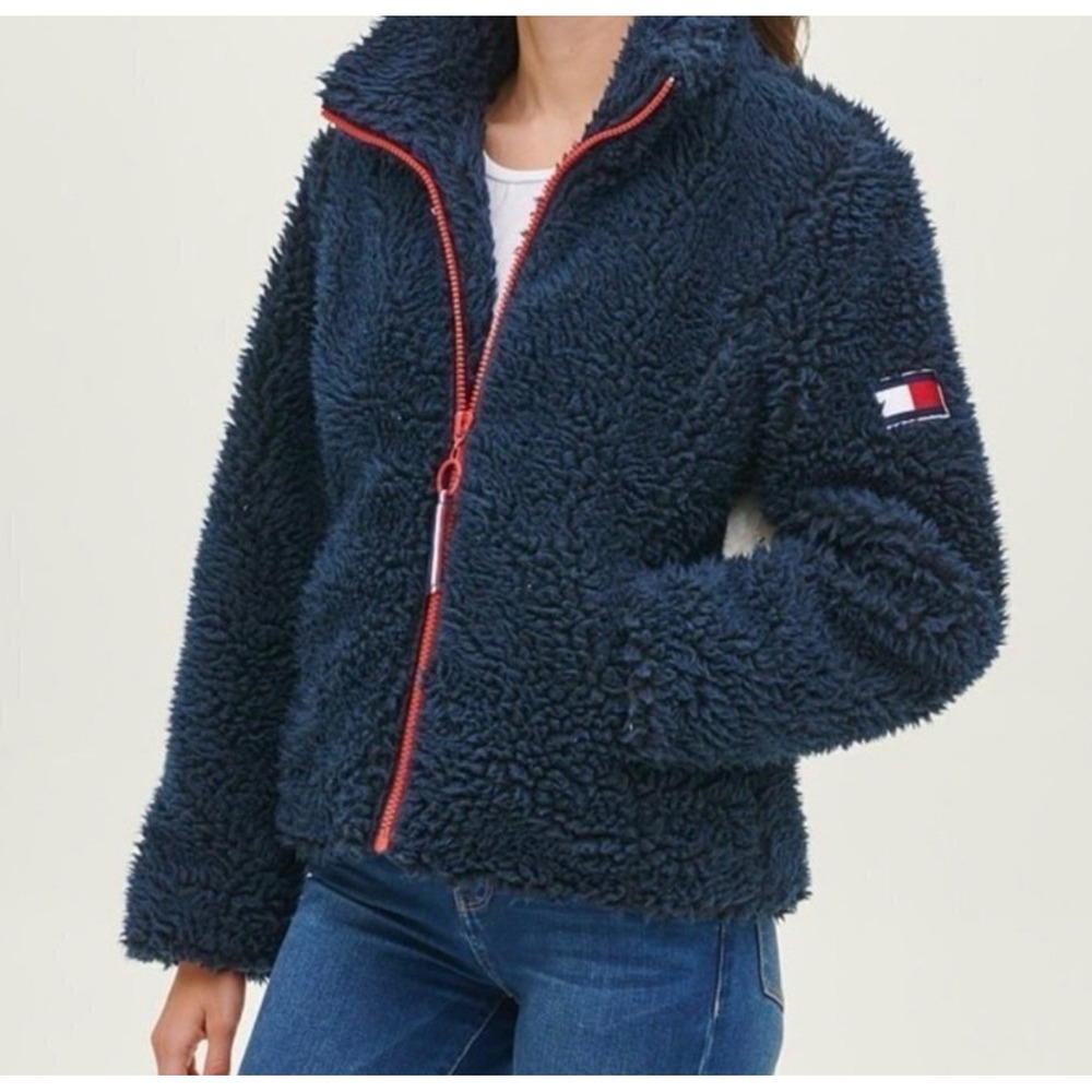 Tommy Hilfiger Mens Sherpa Fleece Jacket Navy Blue Flag Logo Full Zip Medium